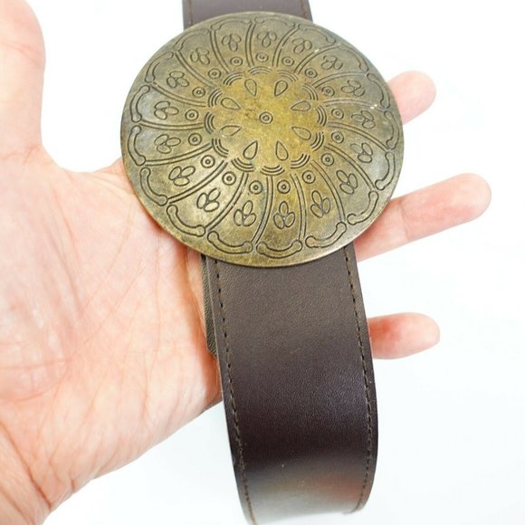 Women's‎ Leather Brown Dress Belt 27.5 Brass Circle Buckle Boho - Picture 7 of 10